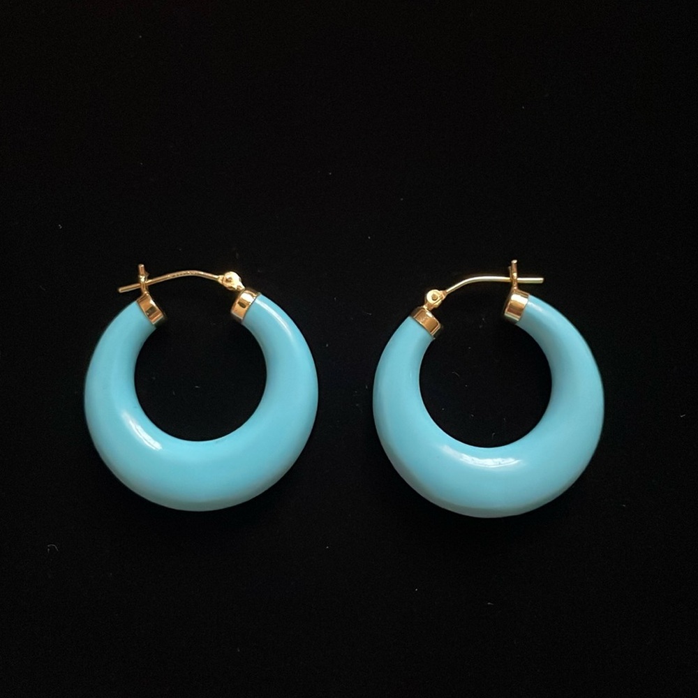 Vintage 14k Yellow Gold & Bright Baby Blue Resin
30mm Hoop Earrings 8.1g